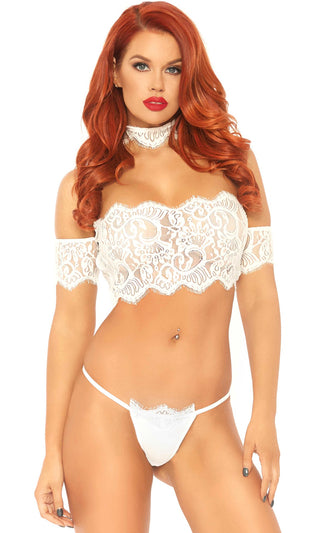 Fall For Me Tonight Sheer Eyelash Lace Short Sleeve Off The Shoulder Crop Top Choker G String Three Piece Lingerie Set - 2 Colors Available