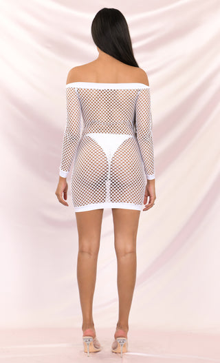 You Bet Fishnet Black Mesh Beach Cover Up Cut Out Long Sleeve Off The Shoulder Bodycon Casual Mini Dress