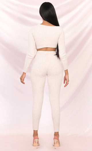 All Wrapped Up Long Sleeve Lounge Crop Top Off the Shoulder Chenille Skinny Legging Two Piece Lounge Jumpsuit - 3 Colors Available