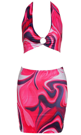 Summer Sweetheart <br><span>Pink Geometric Pattern Sleeveless Backless Plunge V Neck Halter Bodycon Two Piece Mini Dress</span>