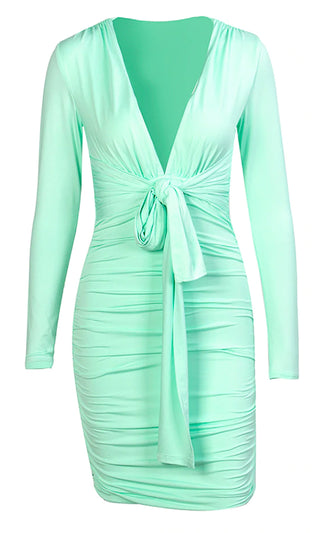 Heaven Sent Mint Green Long Sleeve Stretch Bodycon Ruched Tie Front Waist V Neck Mini Dress
