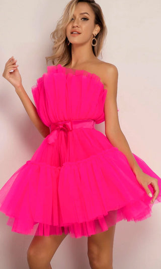 Birthday Girl<br><span>Puffy Fuchsia Pink Strapless Satin Bow Elastic Belt Crinkled Micro Pleated Ruffle Tulle Poofy Tutu Skater Flare Mini Dress</span>