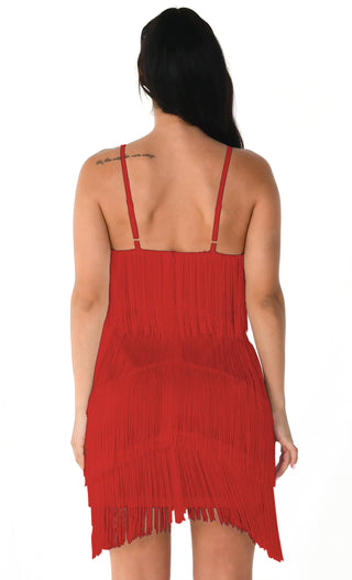 I'm Feeling Something Red Sleeveless Spaghetti Strap Fringe Tassel V Neck Bodycon Mini Dress