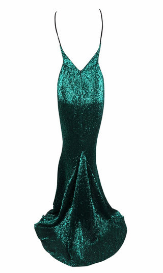 Green Light Emerald Sequin Sleeveless Spaghetti Strap Plunge V Neck Backless Mermaid Gown Maxi Dress