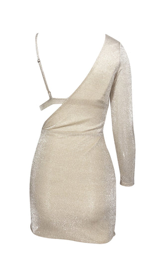 I've Got A Secret Silver Stretchy Lurex Metallic Glitter One Long Sleeve Bra Top Cut Out Side Bodycon Mini Dress
