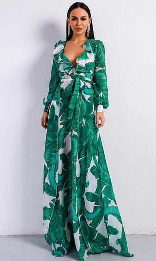 Ocean Drive Green White Leaf Pattern Long Sleeve Ruffle V Neck Double Split Maxi Dress