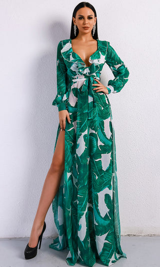 Ocean Drive Green White Leaf Pattern Long Sleeve Ruffle V Neck Double Split Maxi Dress