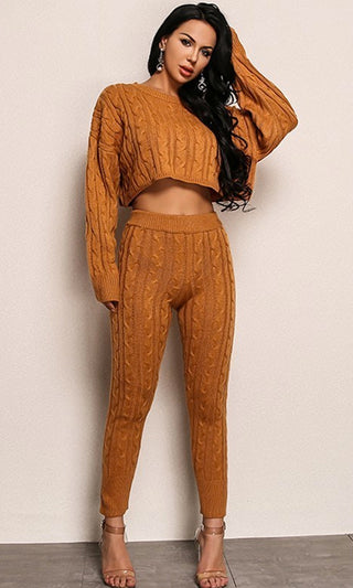 All Warmed Up Brown Gold Long Sleeve Cable Boat Neck Crop Pullover Sweater Drawstring Legging Lounge Two Piece Jumpsuit