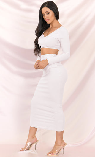 Lights, Camera, Action White Ribbed Long Sleeve V Neck Crop Top Bodycon Two Piece Midi Dress - 2 Colors Available
