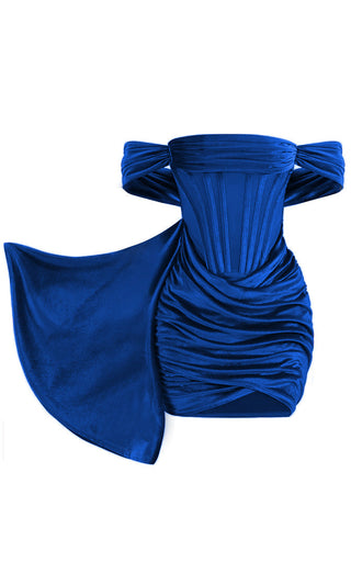 Live In The Moment Blue Velvet Sheer Mesh Bustier Draped Cap Sleeve Scoop Neck Ruched Bodycon Mini Dress