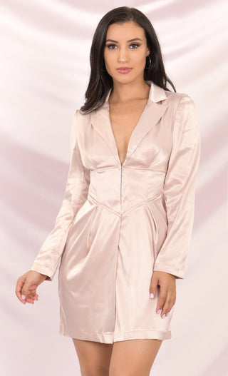 Hooked On You Light Pink Satin Cinched Corset Waist V Neck Long Sleeve Blazer Mini Dress