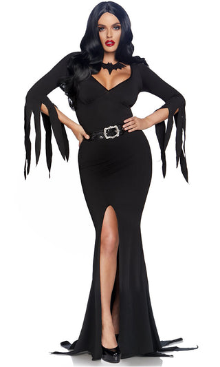 Into The Afterworld <br><span>Black Long Slit Sleeve V Neck Jagged Hem Side Slit Maxi Dress Halloween Costume</span>