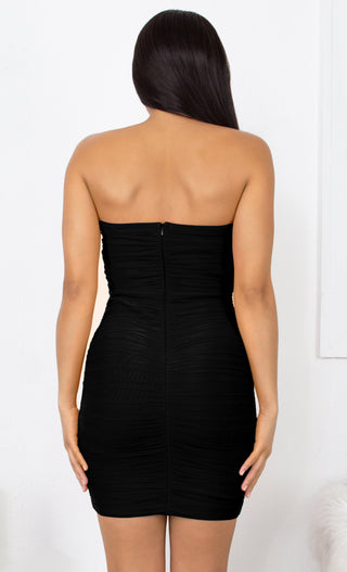 Never Giving You Up Black Bandage Strapless Mesh Draped Pointy Neck Ruched Body Con Mini Dress