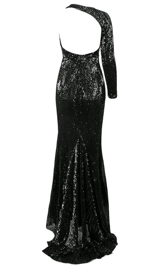 Far From Over Navy Blue Sequin Long Sleeve One Shoulder Cut Out Backless Fit And Flare Maxi Dress