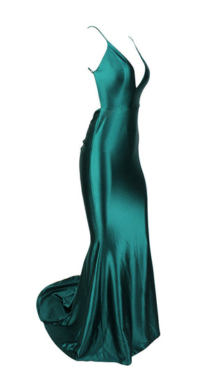 Glowing Goddess Champagne Nude Sleeveless Spaghetti Strap Plunge V Neck Ruched Back Mermaid Maxi Dress