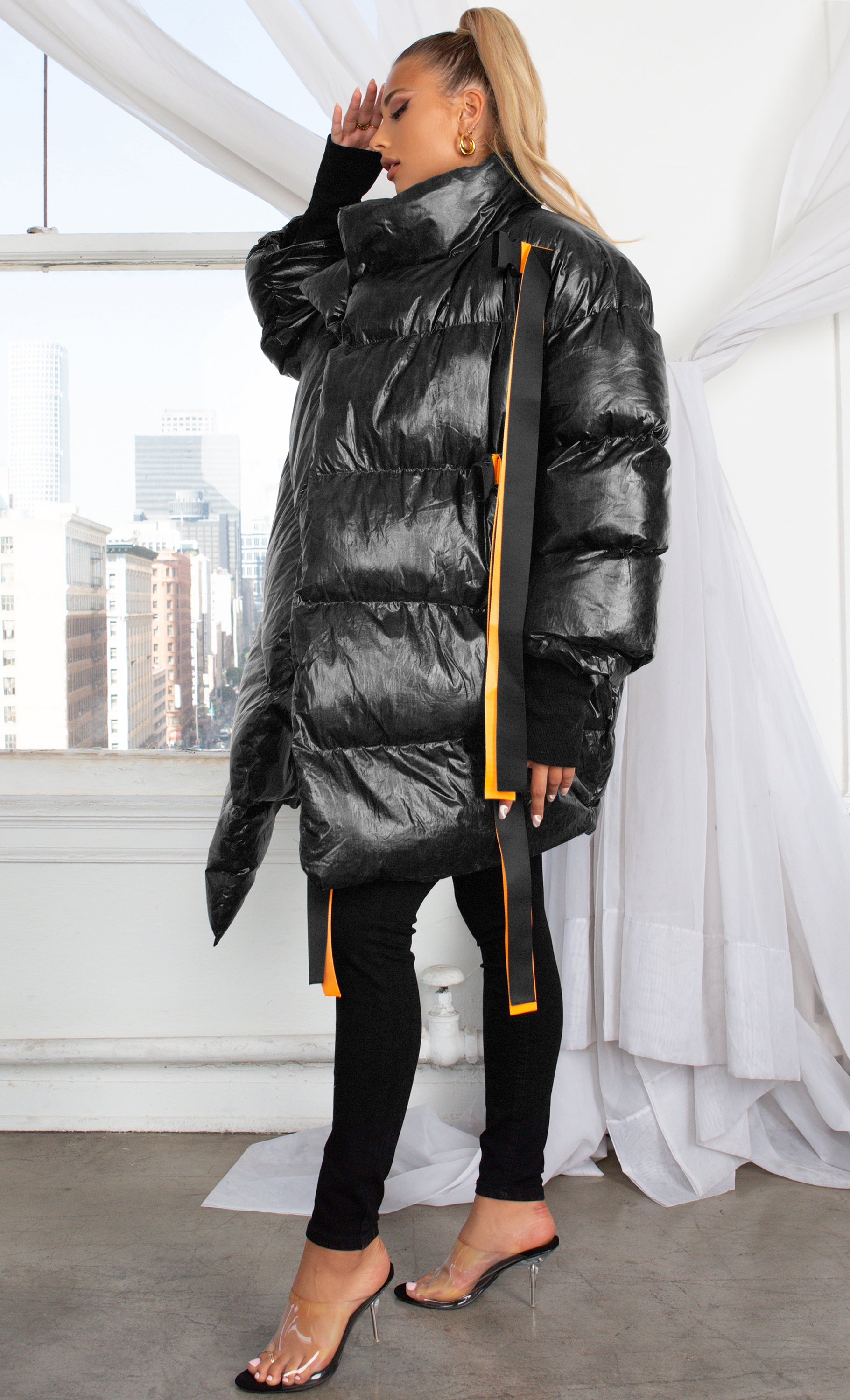 Armored Up , Silver Long Sleeve Down Quilted Oversized Ribbon Trim  Asymmetric Puffy Winter Coat Outerwear