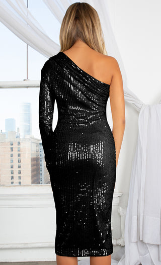 Meet The Moment Silver Sequin One Shoulder Pad Long Sleeve Ruched Midi Bodycon Dress