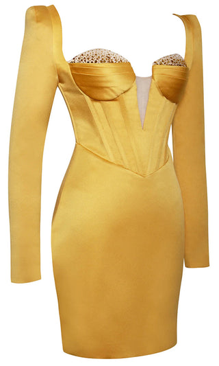 Straight To The Heart<br><span> Yellow Long Sleeve Sequin Trim Bustier Plunge V Neck Cut Out Back Bodycon Mini Dress</span>
