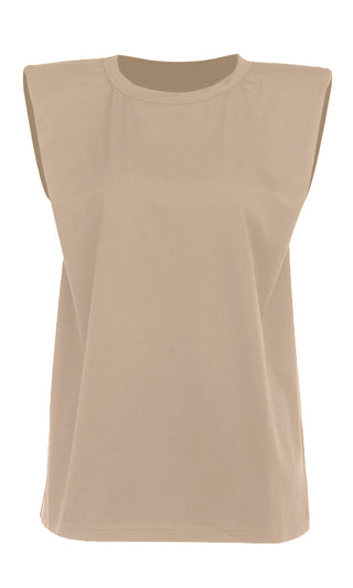 Strong And Stylish Beige Solid Classic Basic Shoulder Pad Muscle Tee Round Scoop Neck Tee Shirt Sleeveless Top
