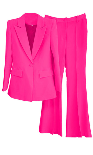 Power Position <br><span>Fuchsia Pink Long Sleeve Single Breasted Blazer Jacket High Waist Flare Leg Pant Two Piece Suit Set</span>
