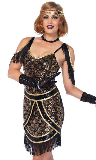 Fierce Flapper <br><span>Black Gold Sequin Fringe Draped Cold Shoulder V Neck Bodycon Mini Dress Halloween Costume</span>
