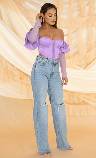 Doing My Best Champagne Sheer Mesh Satin Long Sleeve Ruffle Off The Shoulder V Neck Hook and Eye Bustier Crop Top Blouse