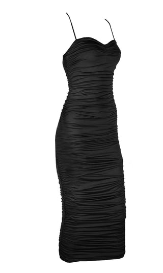 Bring It Back Black Sleeveless Spaghetti Strap Sweetheart Neck Ruched Bodycon Maxi Dress