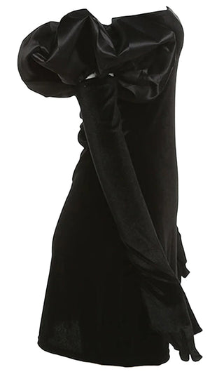 All Puffed Up Black Velvet Strapless Straight Neck Long Sleeve Gloves Contrast Puffs Bodycon Mini Dress