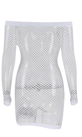 You Bet Fishnet Orange Mesh Beach Cover Up Cut Out Long Sleeve Off The Shoulder Bodycon Casual Mini Dress