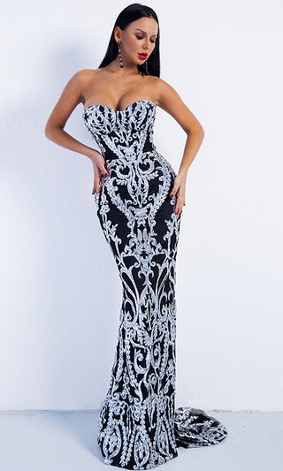 Dashing Diva Silver Black Sequin Ornate Pattern Strapless Sweetheart Neck Maxi Dress