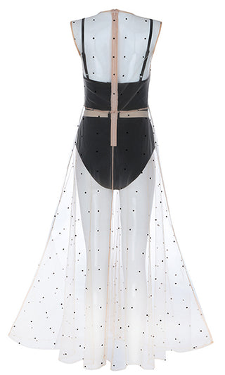 Mood Maker Beige Black Polka Dot Pattern Sleeveless Bandage Sheer Mesh Overlay Maxi Dress