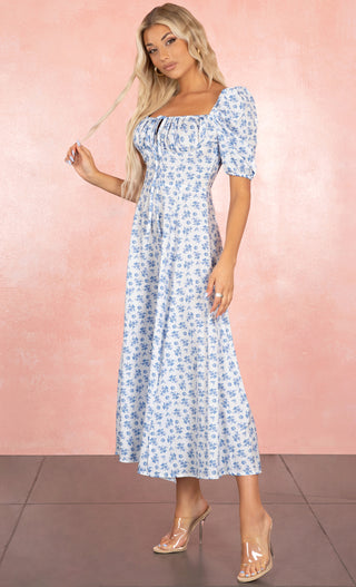 Sweet Style<br><span>White Blue Floral Pattern Short Puff Sleeve Square Neck Drawstring Empire Waist A Line Casual Maxi Dress</span>