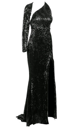 Far From Over Navy Blue Sequin Long Sleeve One Shoulder Cut Out Backless Fit And Flare Maxi Dress