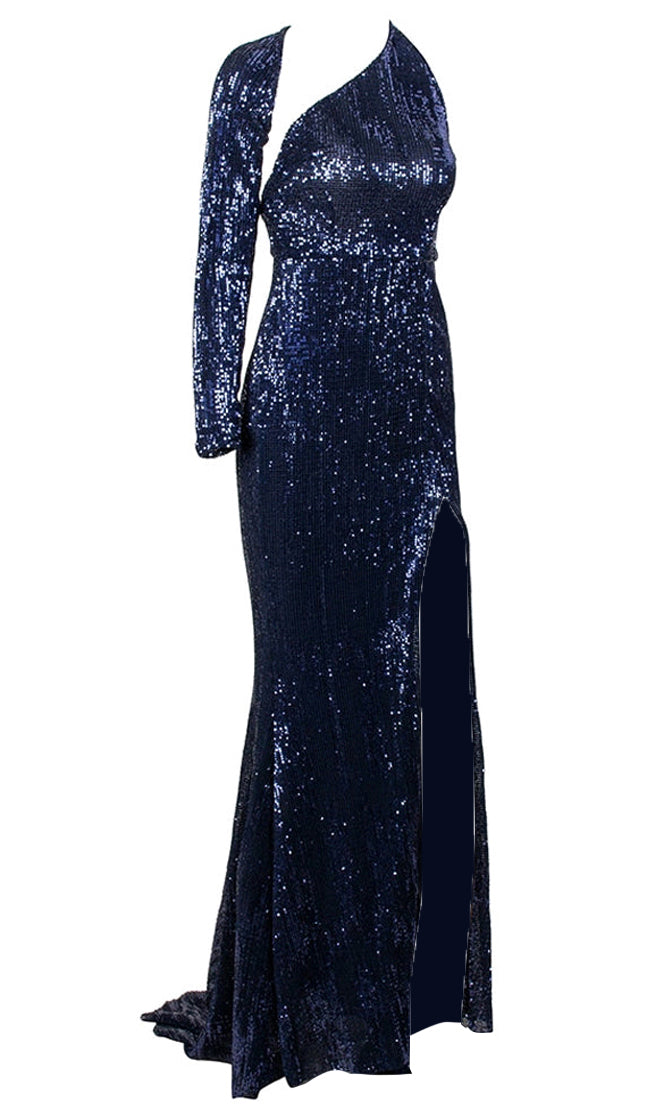 Far From Over Navy Blue Sequin Long Sleeve One Shoulder Cut Out Backle ...