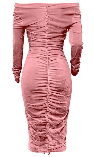 Friday Night Fantasy Pink Velvet Long Sleeve Off The Shoulder Deep V Neck Ruched Bodycon Midi Dress