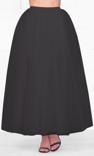 Do A Twirl 7 Layer Black Pleated Elastic Waist Swiss Tulle Ball Gown Maxi Skirt