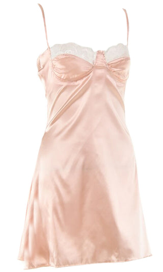Bedside Manner <br><span>Pink Satin Lace Trim Sleeveless Spaghetti Strap Cut Out Back Mini Slip Dress</span>
