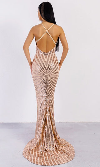 Indie XO Champagne Dreams Gold Sequin Geometric Pattern Sleeveless Spaghetti Strap V Neck Mermaid Maxi Dress