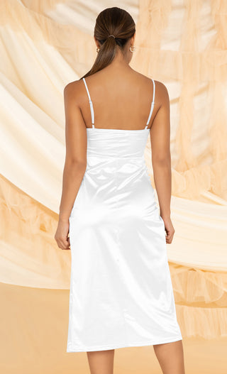 Total Glamour White Satin Sleeveless Spaghetti Strap Bustier Drape Front Split Bodycon Midi Dress