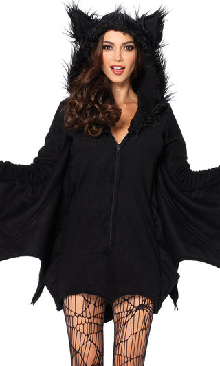 Midnight Bat <br><span>Black Fleece Long Batwing Sleeve Hood Zip Front Mini Dress Halloween Costume</span>