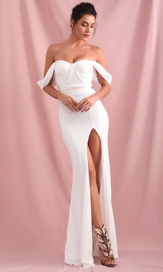 Give Me Love White Sequin Draped Off The Shoulder Straps Sweetheart Neck High Slit Fishtail Maxi Dress