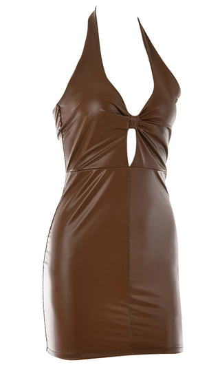 Rock This Joint <br><span>Brown Pu Faux Leather Sleeveless Plunge V Neck Halter Cut Out Bodycon Mini Dress</span>