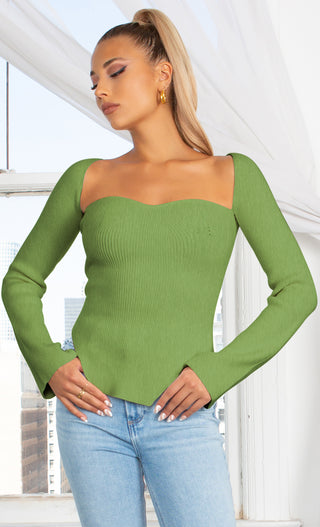 Parisian Soul Green Ribbed Long Sleeve Stretchy Bustier Sweetheart Neckline Cut Out Hem Pullover Sweater Knit Top