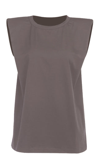 Strong And Stylish Taupe Solid Classic Basic Shoulder Pad Muscle Tee Round Scoop Neck Tee Shirt Sleeveless Top