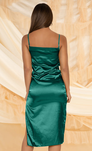 High Glamour <br><span>Blue Green Satin Sleeveless Spaghetti Strap Draped V Neck Side Slit Bodycon Midi Dress</span>
