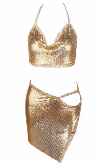 Indie XO Haute Gold Solstice Metal Chainmail Looped Tie Convertible Strapless Halter Bandeau Crop Two Piece Asymmetric Mini Skirt Cover up Two Piece Dress