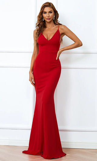 Love Me Louder Red Sleeveless Spaghetti Strap V Neck Open Back Bodycon Mermaid Maxi Dress Gown