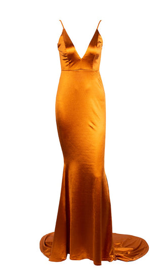 Making It Memorable Orange Gold Satin Sleeveless Spaghetti Strap Plunge V Neck Backless Ruched Mermaid Maxi Dress