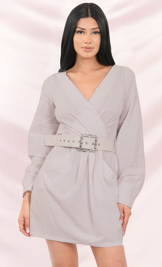 Cross Your Heart Beige Long Sleeve Off The Shoulder Cross Wrap V Neck Belted A Line Flare Casual Mini Dress
