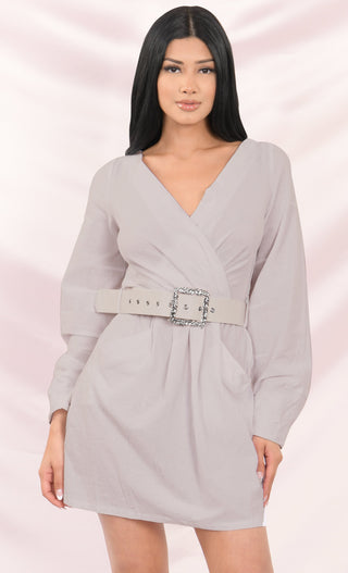 Cross Your Heart White Long Sleeve Off The Shoulder Cross Wrap V Neck Belted A Line Flare Casual Mini Dress